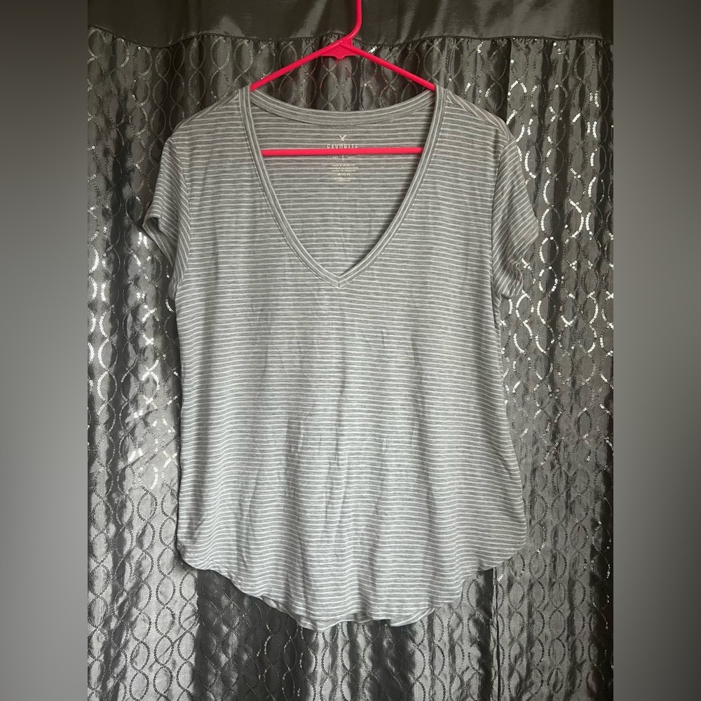 Gray and white striped American Eagle V-neck T-Shirt